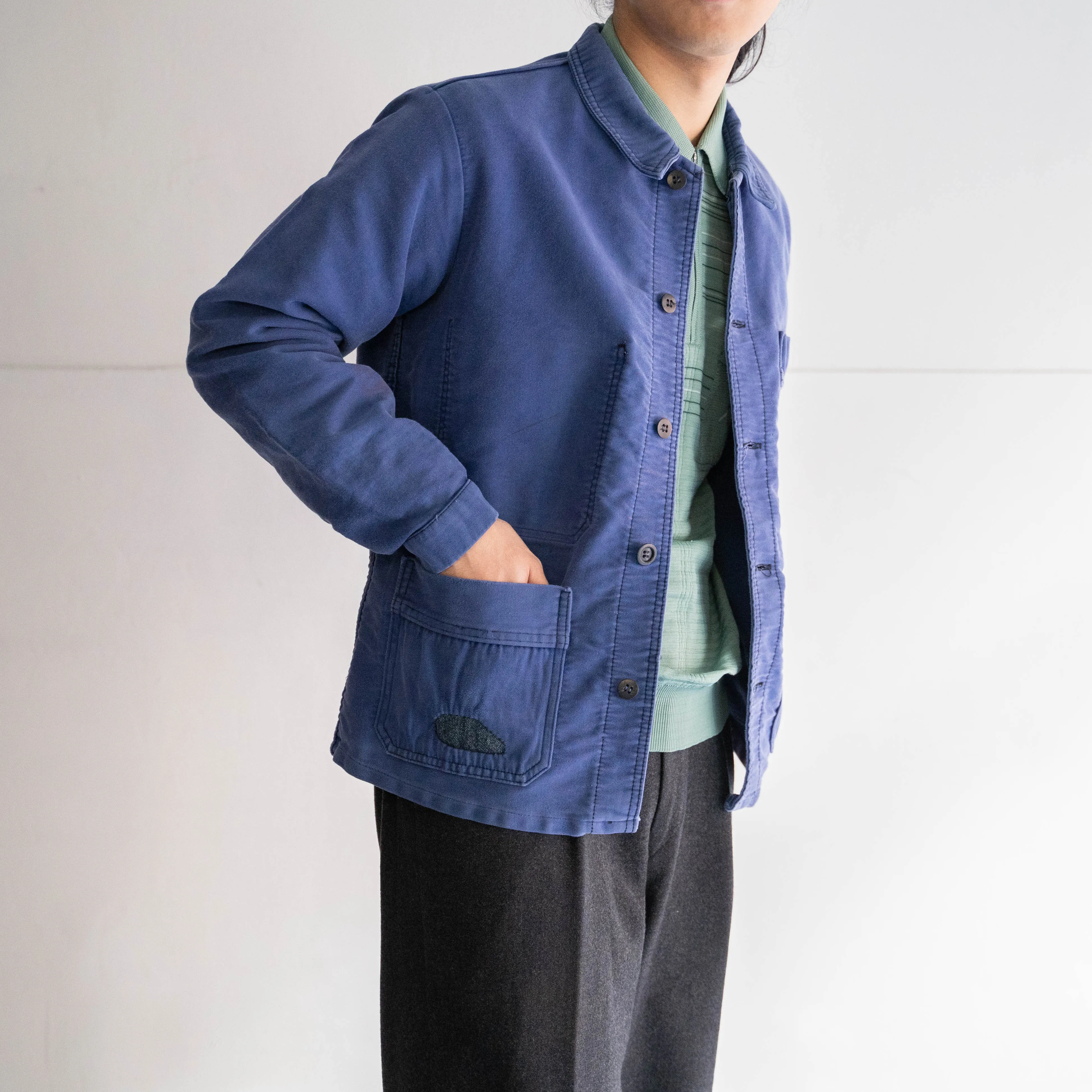 1950-60s France blue moleskin work jacket 'with repair'