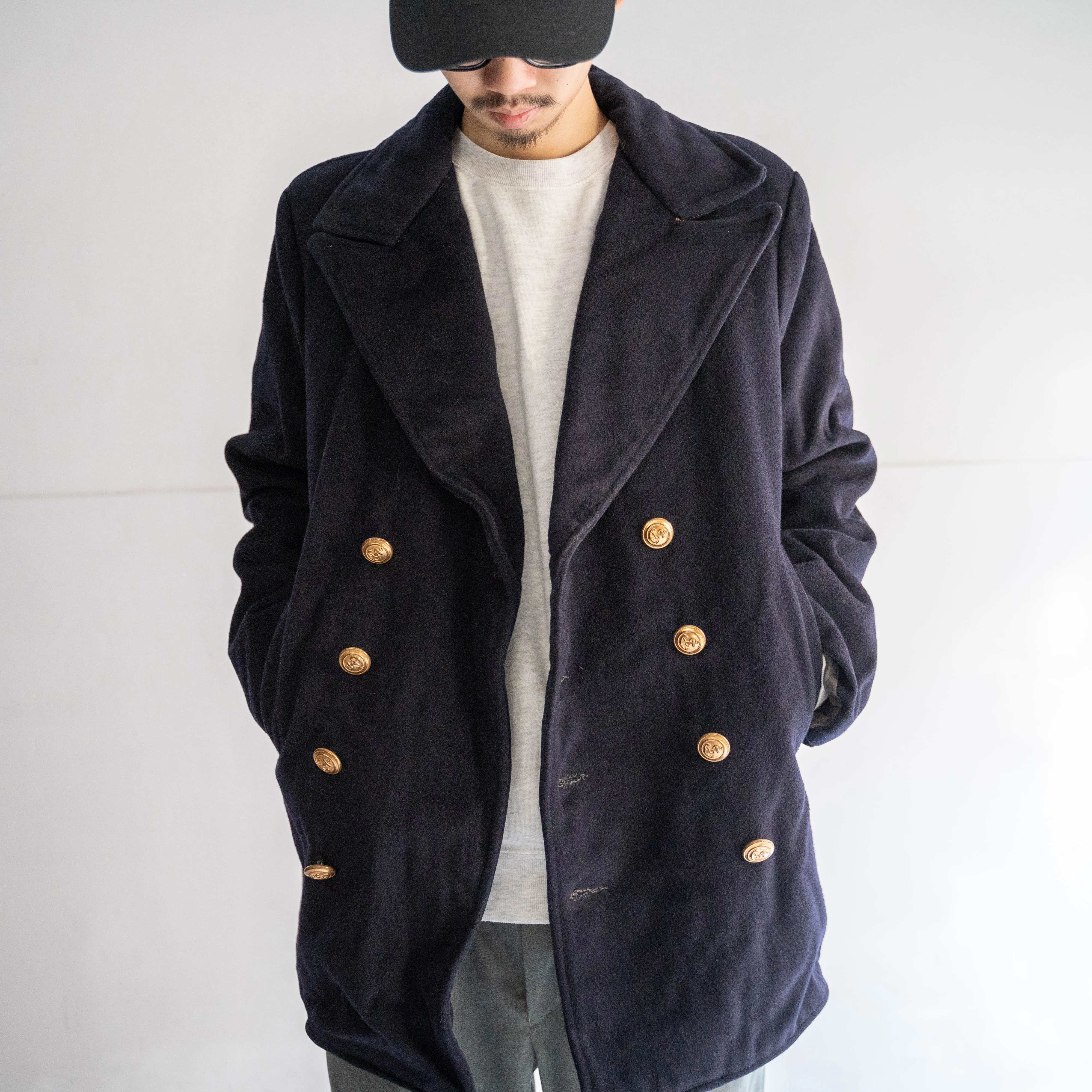 1960-70s italian navy wool p coat -dark navy-