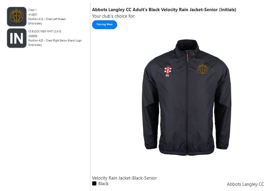 Abbots Langley CC  Adult's Black Velocity Rain Jacket-Senior (Initials)