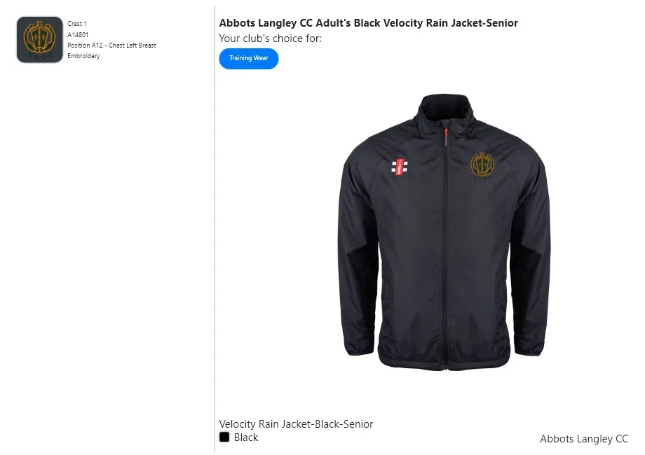 Abbots Langley CC  Adult's Black Velocity Rain Jacket-Senior