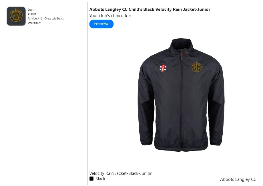 Abbots Langley CC  Child's Black Velocity Rain Jacket-Junior