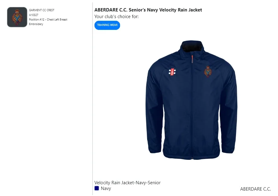 ABERDARE C.C. Senior's Navy Velocity Rain Jacket