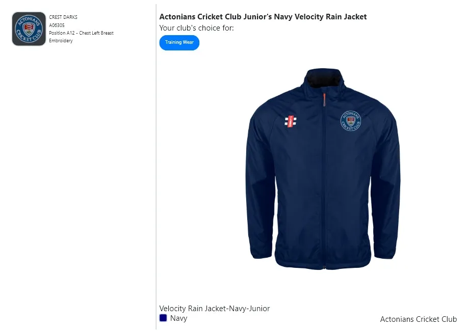 Actonians Cricket Club Junior's Navy Velocity Rain Jacket