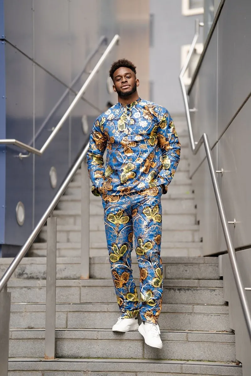 African Print Shirt in Gold Blue Ankara