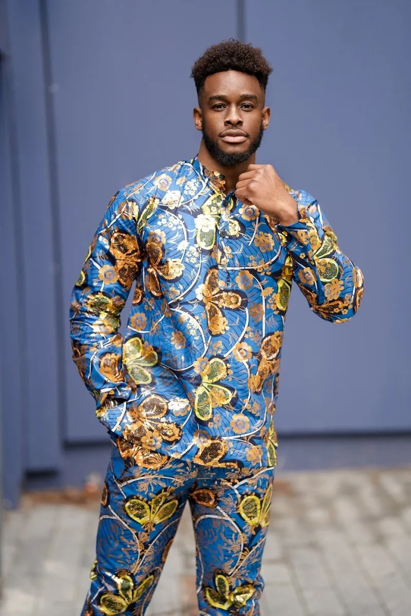 African Print Shirt in Gold Blue Ankara