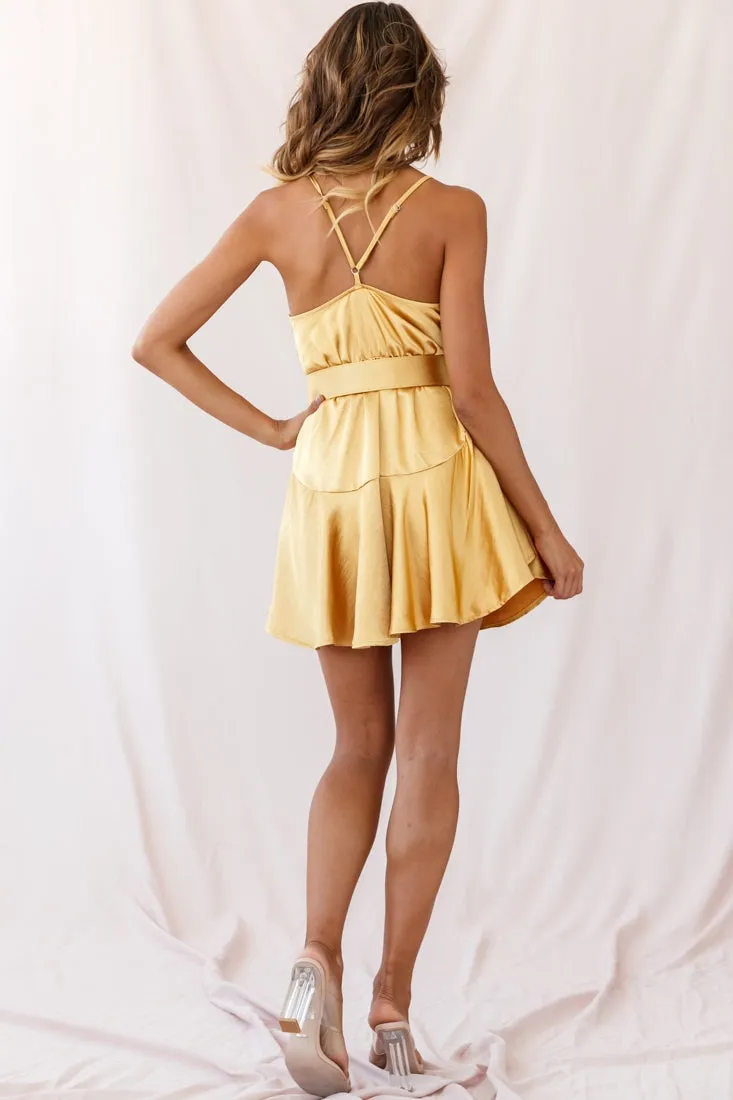 Agent 99 Belted Satin Cowl Neck Dress Mustard