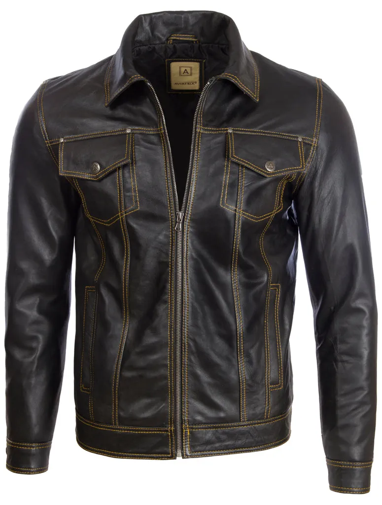 AGQ5 Men's Trucker Harrington Jacket - Black/Yellow