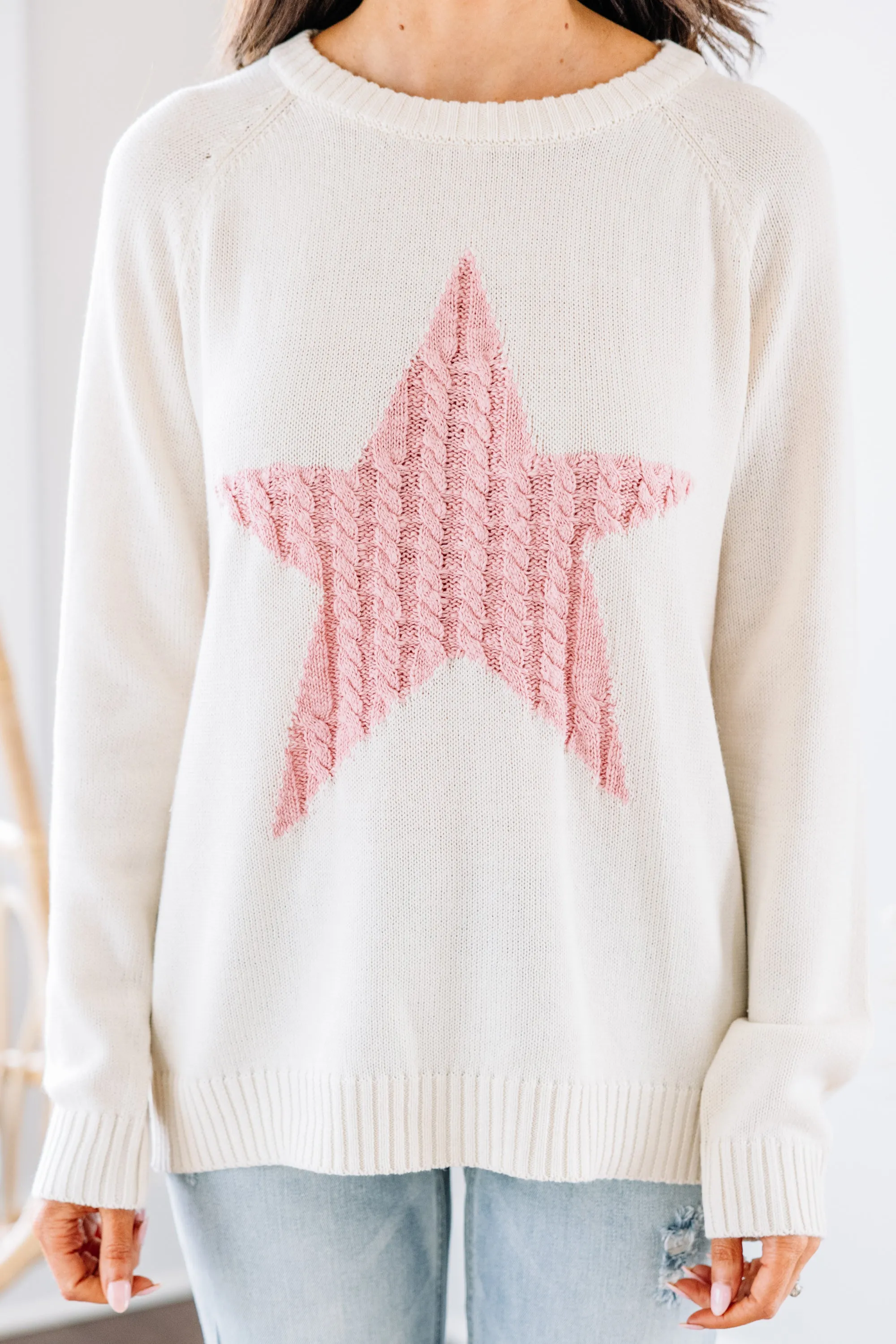 All For Love Oatmeal and Pink Star Sweater