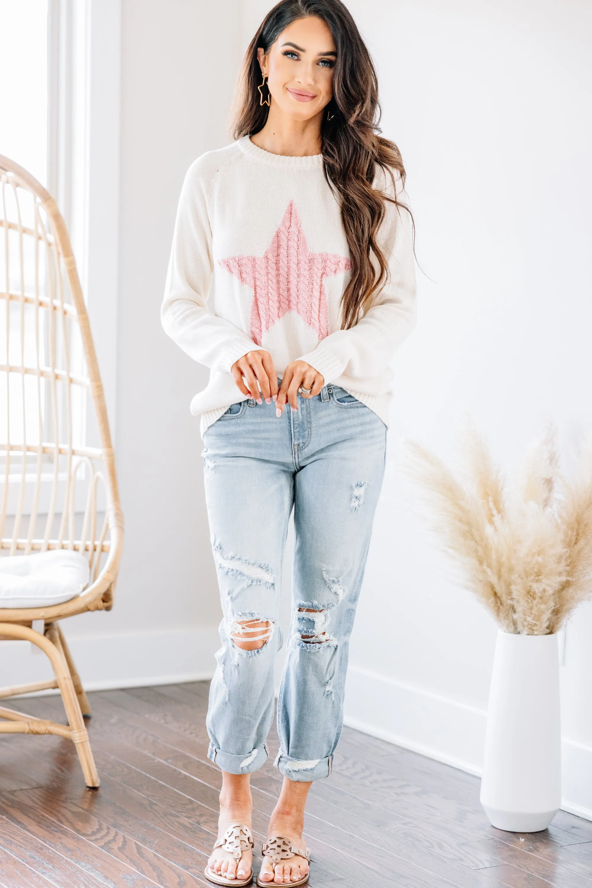 All For Love Oatmeal and Pink Star Sweater