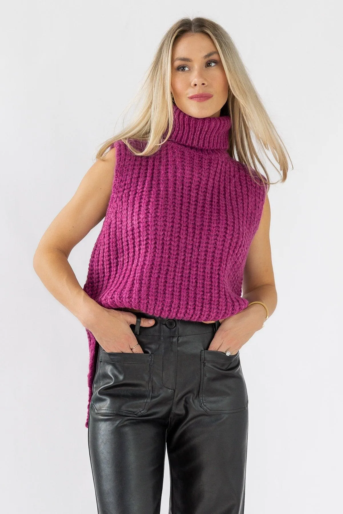 Aniyah Magenta Turtleneck Sweater Vest - Final Sale