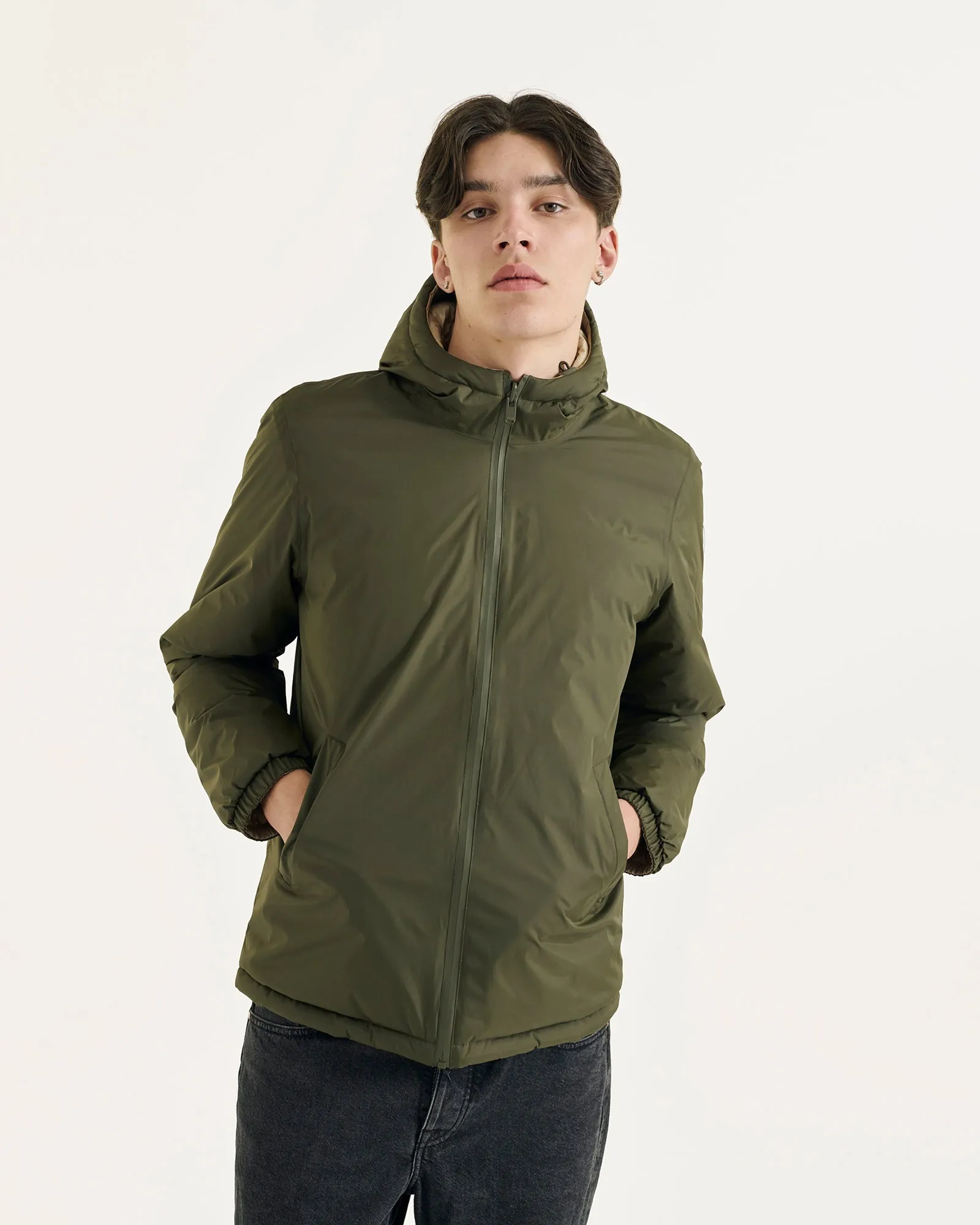 Army/Beige Bergen 2.0 reversible hooded puffer jacket