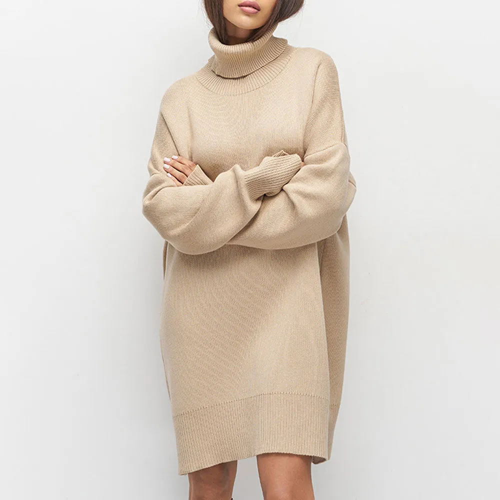 Athletic Monochrome Rib Knit Turtleneck Long Sleeve Oversized Sweater Mini Dress