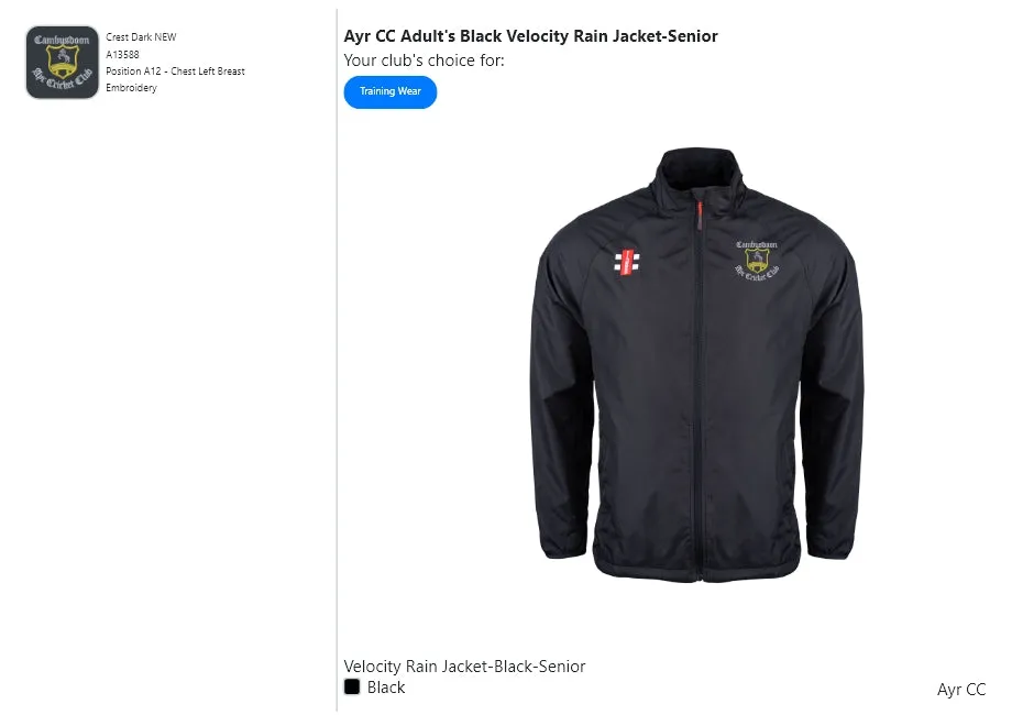 Ayr CC Adult's Black Velocity Rain Jacket-Senior