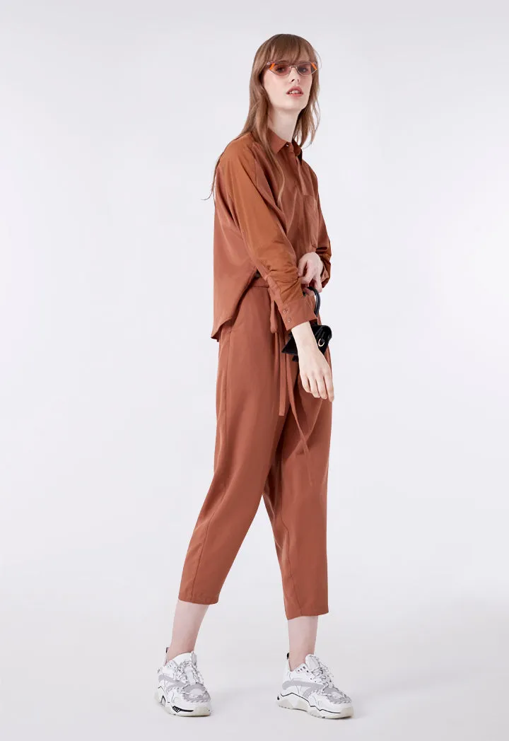 Brown Tie Front Overlap Jumpsuit