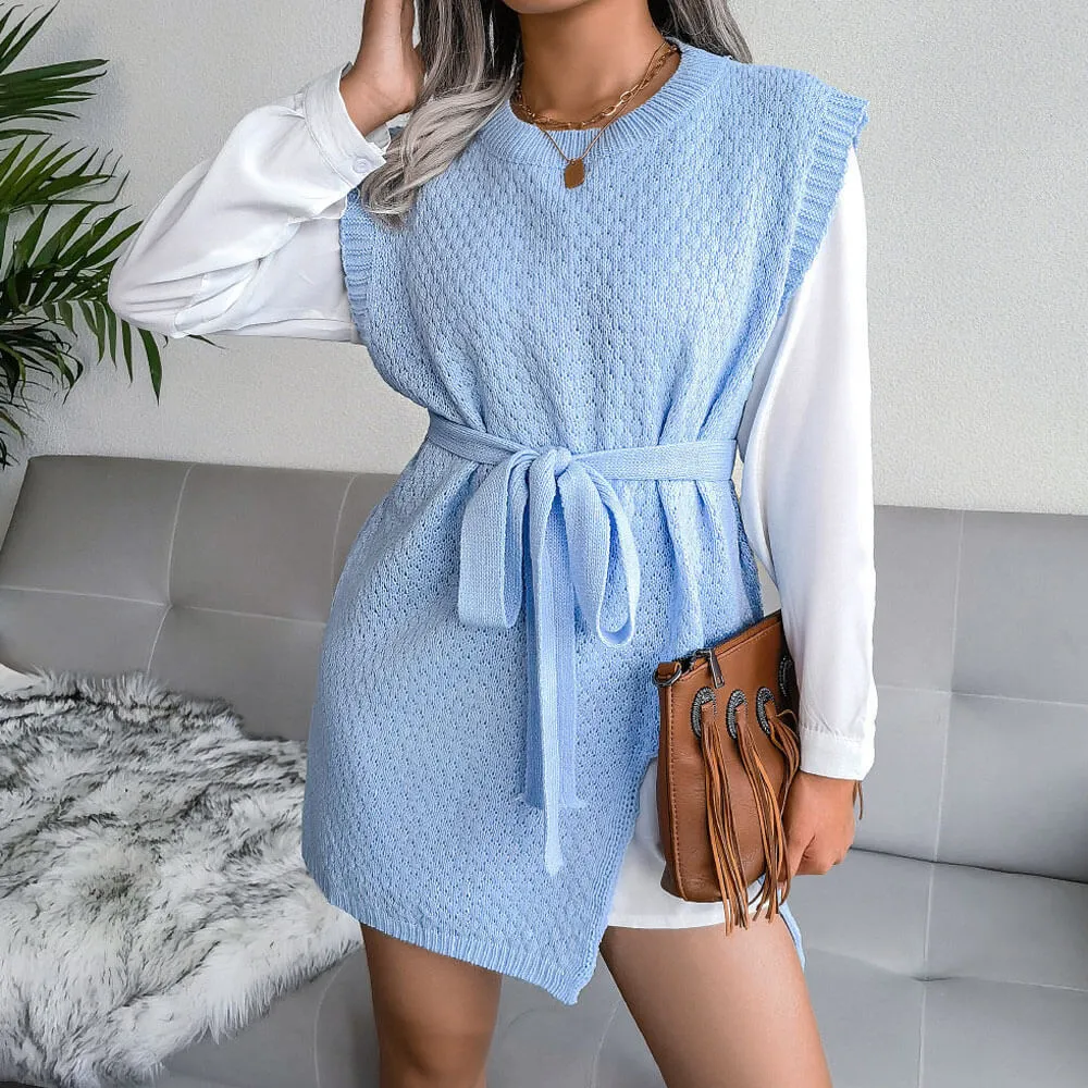 Chic Crew Neck Pullover Slit Front Pointelle Knit Belted Long Sweater Vest