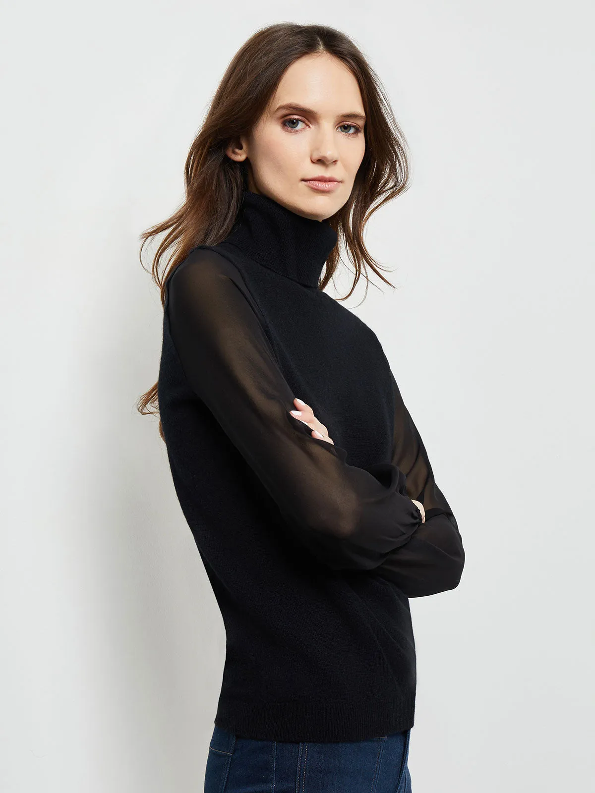 Chiffon Sleeve Cashmere Turtleneck, Black