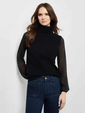 Chiffon Sleeve Cashmere Turtleneck, Black