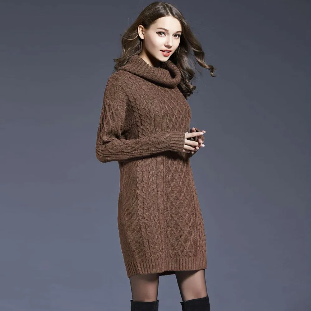 Chunky Cowl Neck Drop Shoulder Fisherman Cable Knit Mini Sweater Dress