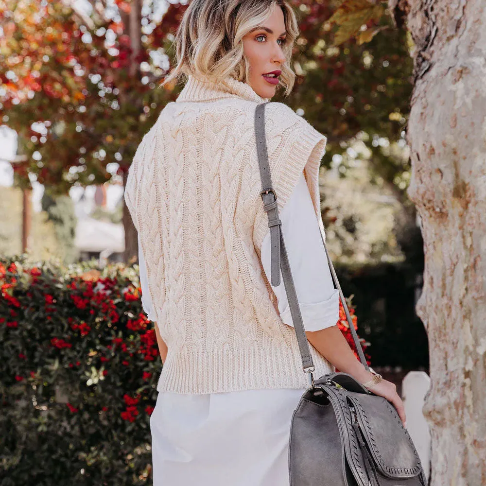 Cozy Beige Turtleneck Cap Sleeve Chunky Cable Knit Sweater Vest