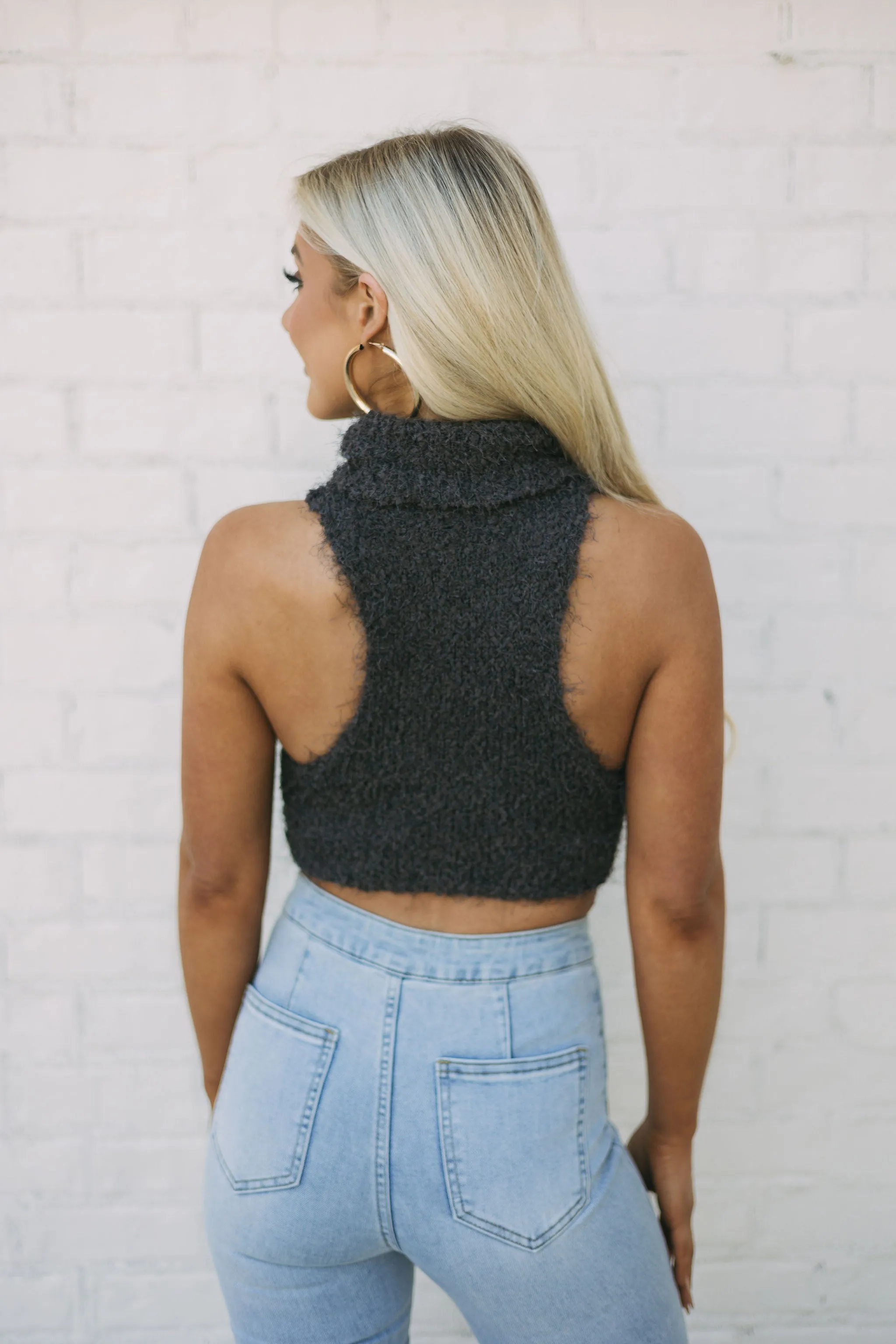 Eyelash Sleeveless Turtleneck-Charcoal