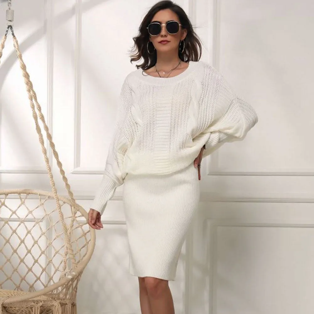 Feminine Crew Neck Drop Shoulder Fisherman Cable Knit Sweater Dress