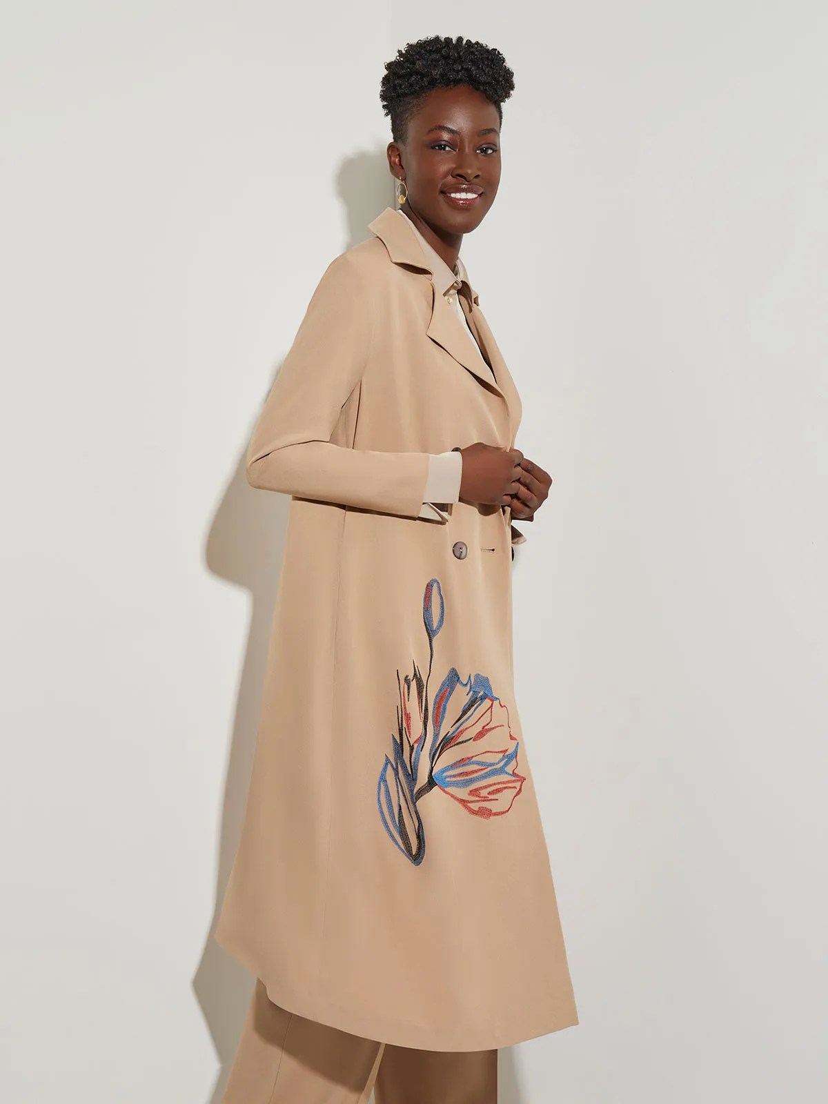 Floral Embroidered Belted Woven Trench Coat