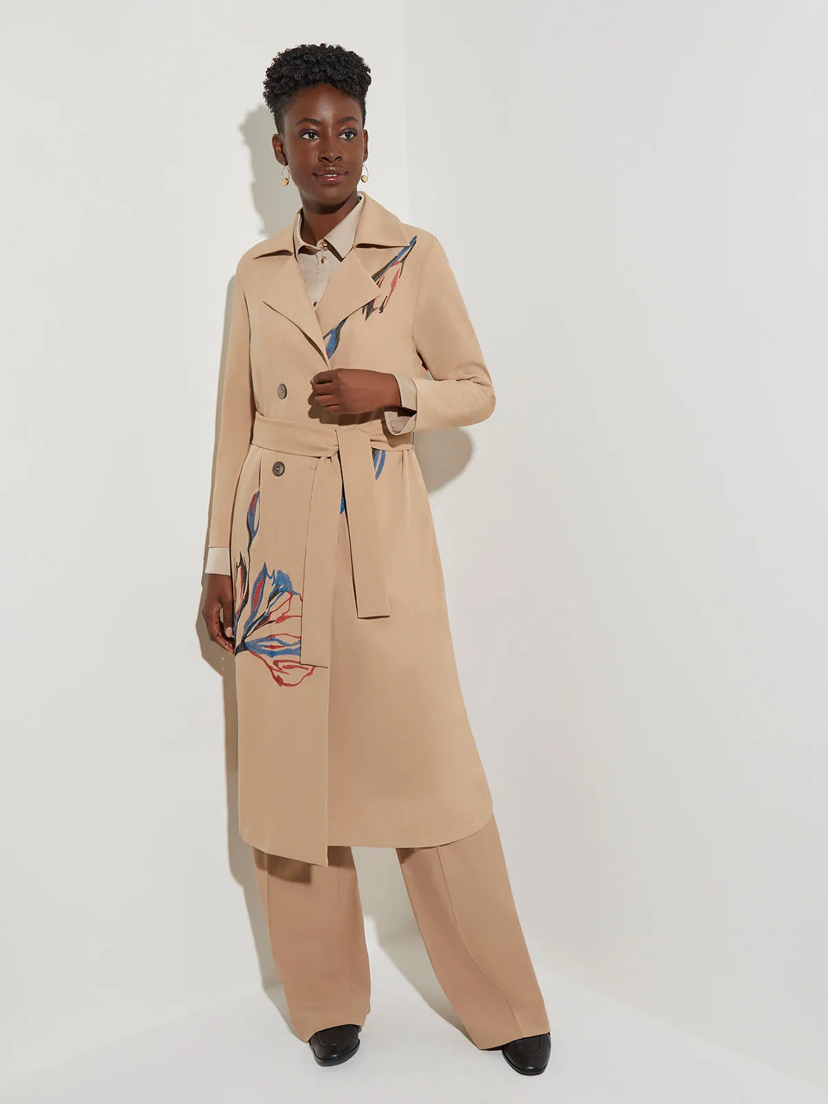 Floral Embroidered Belted Woven Trench Coat