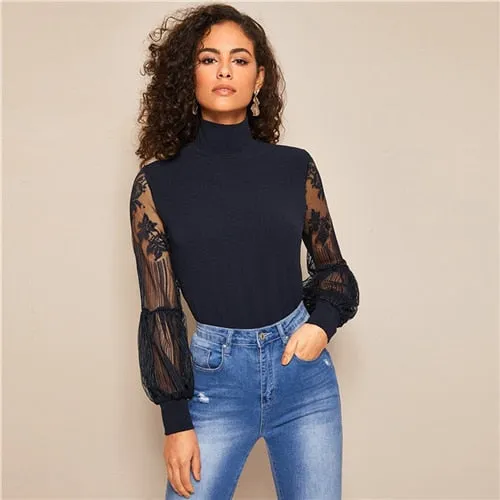 High Neck Lantern Sleeve Top