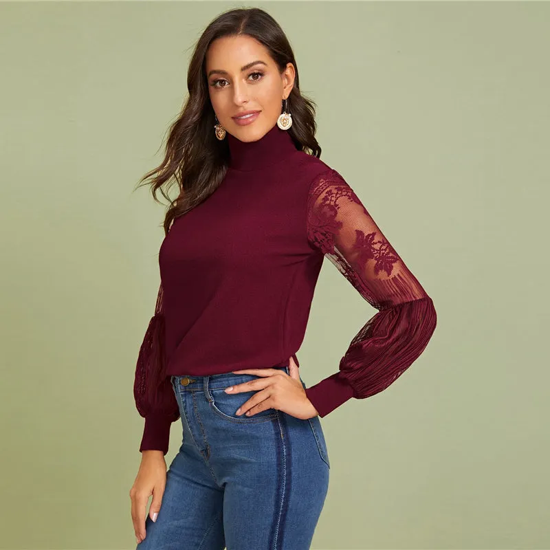 High Neck Lantern Sleeve Top