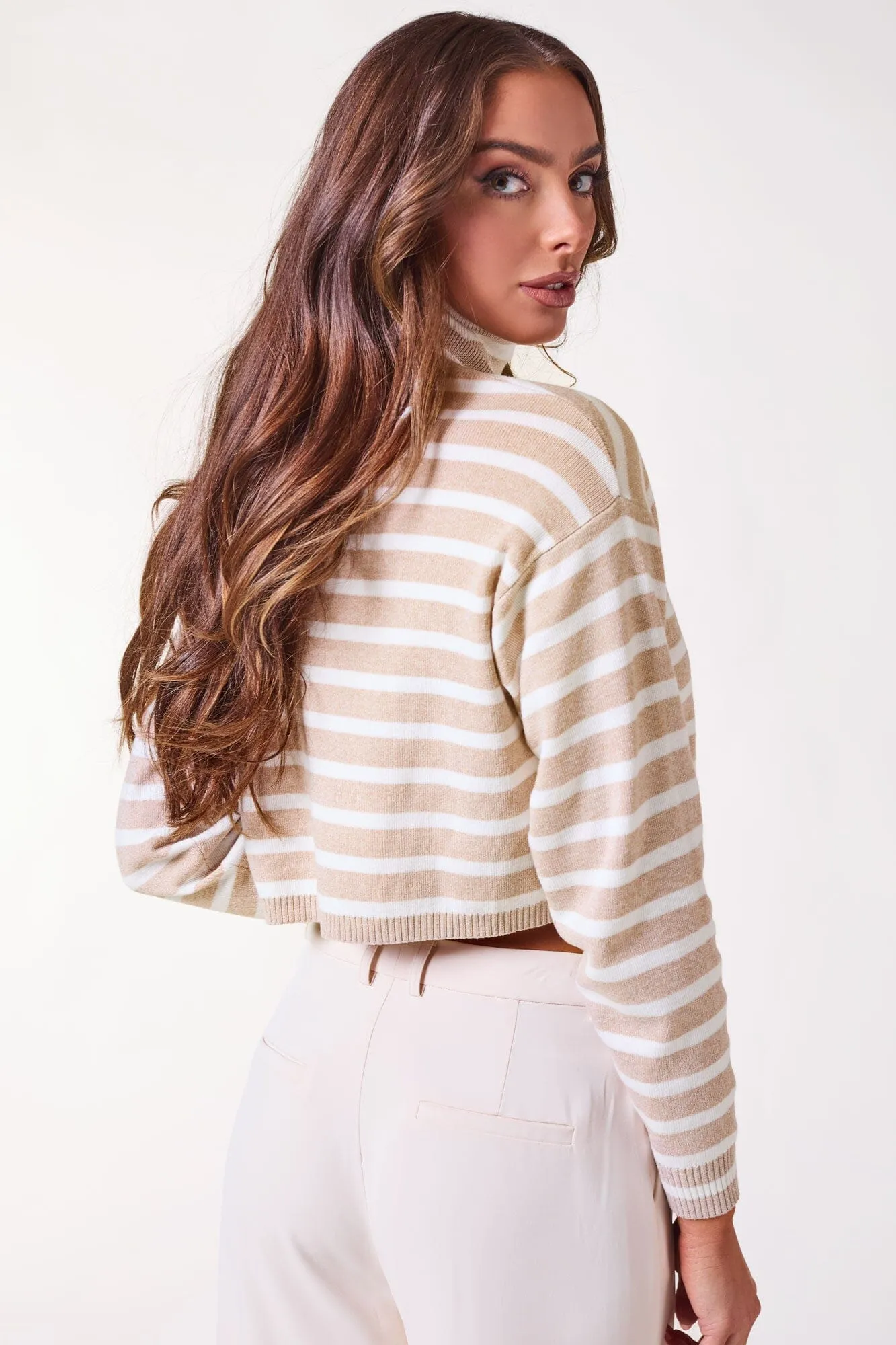 Ines White & Taupe Crop Turtleneck Sweater