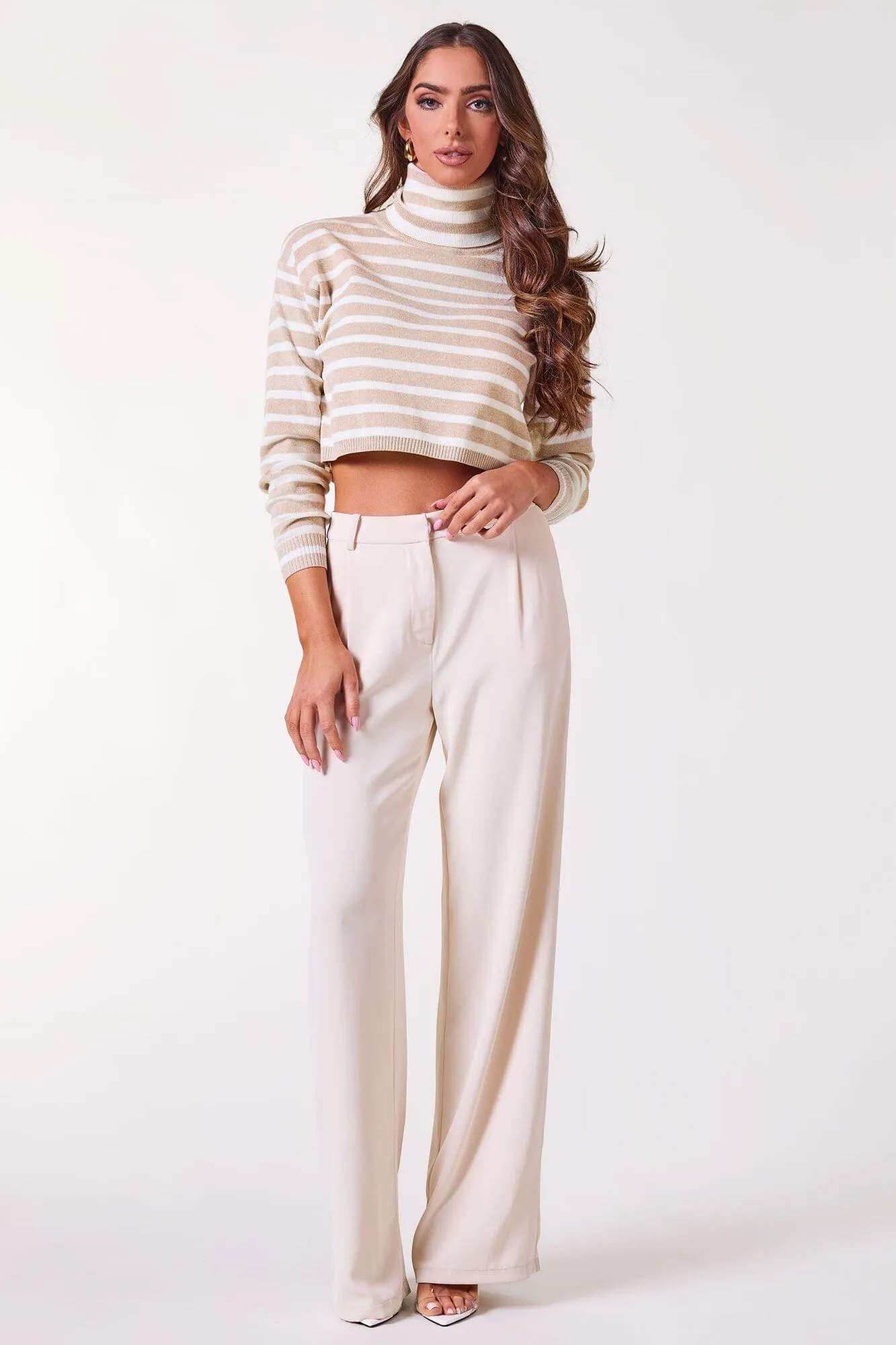 Ines White & Taupe Crop Turtleneck Sweater