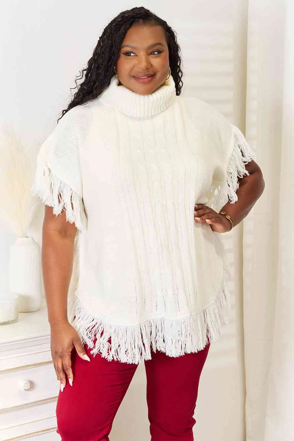 Ivory Turtle Neck Fringe Poncho