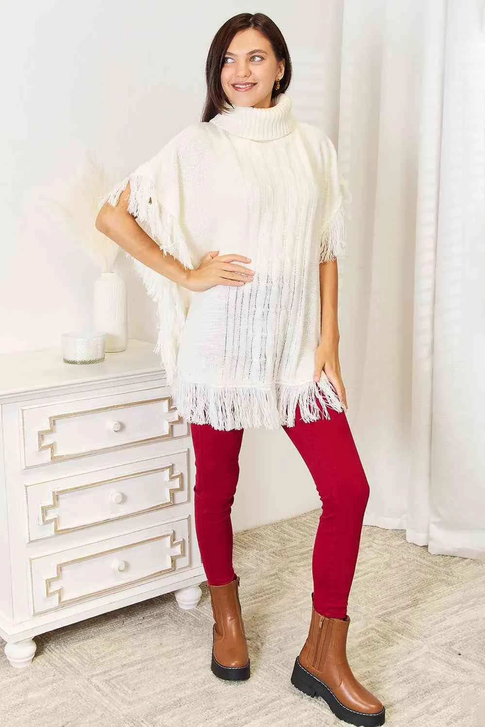 Ivory Turtle Neck Fringe Poncho