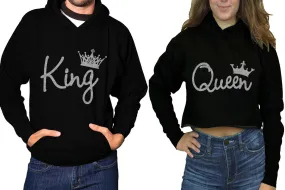 King Queen Couple Matching Ladies Crop Top Hoodie and Mens Pullover Hoodie. Silver Glitter Design