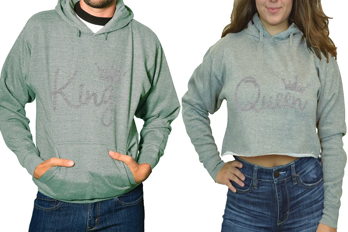 King Queen Couple Matching Ladies Crop Top Hoodie and Mens Pullover Hoodie. Silver Glitter Design