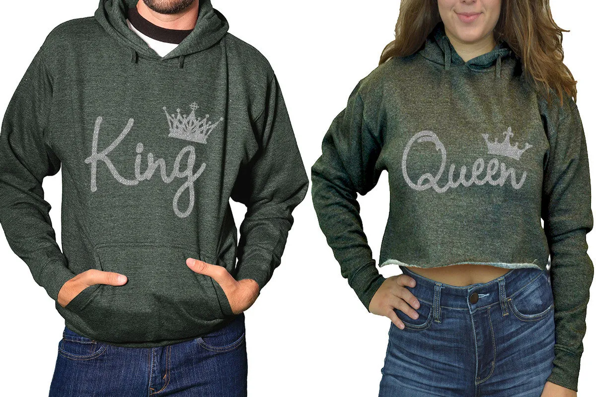 King Queen Couple Matching Ladies Crop Top Hoodie and Mens Pullover Hoodie. Silver Glitter Design