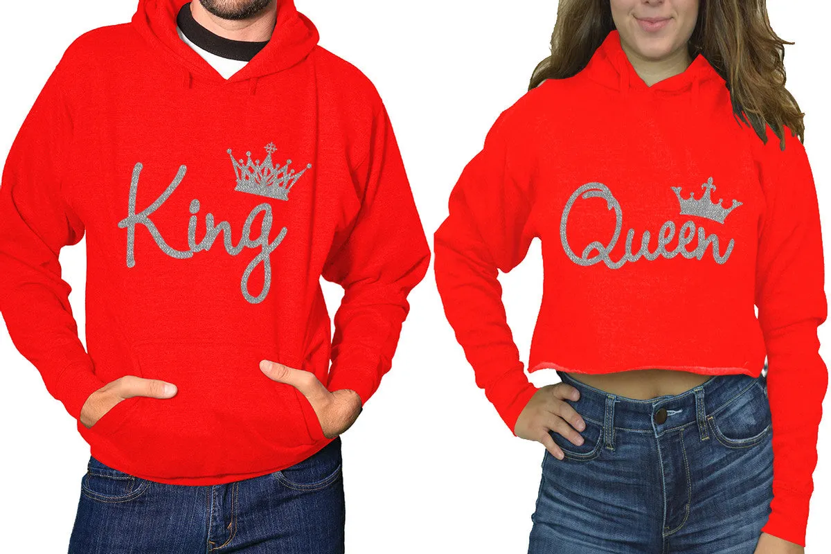 King Queen Couple Matching Ladies Crop Top Hoodie and Mens Pullover Hoodie. Silver Glitter Design