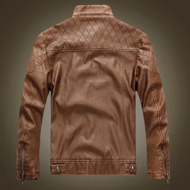 Leather Jacket Men's Standing Collar Washed PU Leather Jacket Nostalgia | 8899