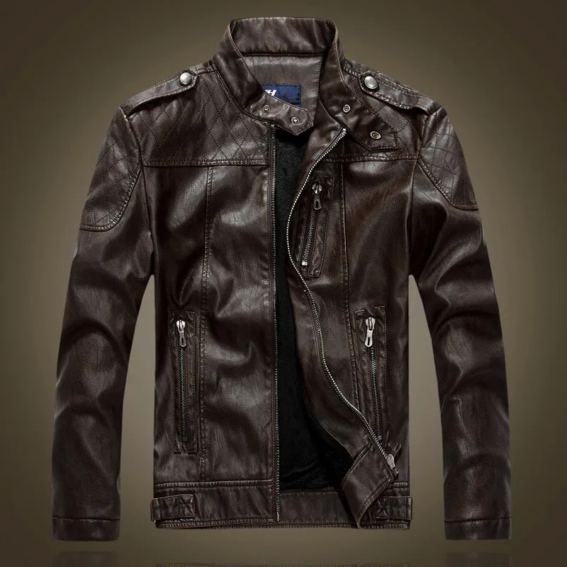 Leather Jacket Men's Standing Collar Washed PU Leather Jacket Nostalgia | 8899