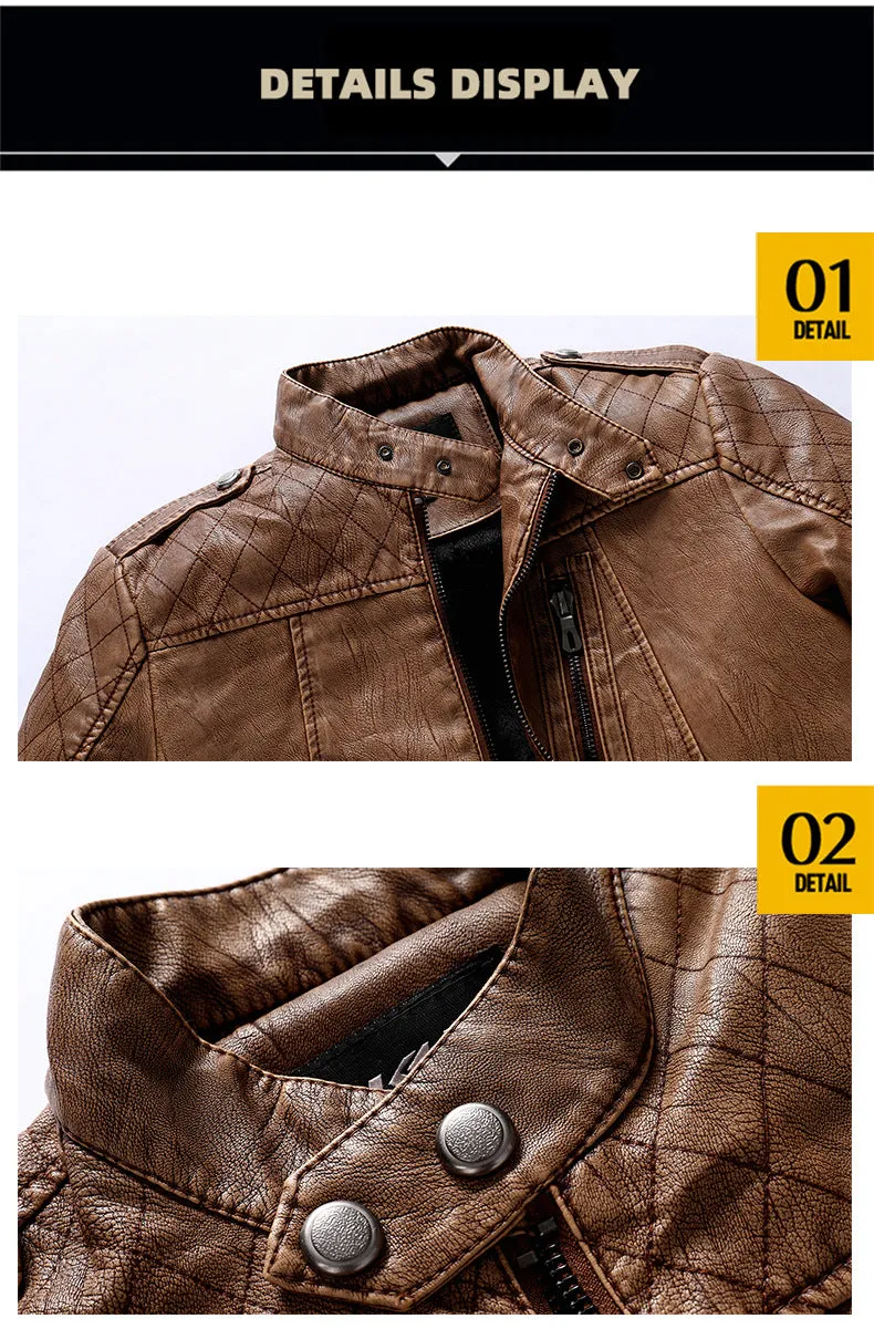 Leather Jacket Men's Standing Collar Washed PU Leather Jacket Nostalgia | 8899