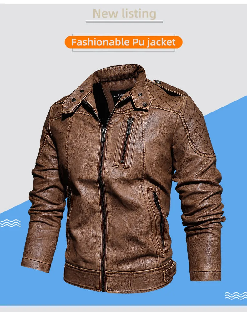 Leather Jacket Men's Standing Collar Washed PU Leather Jacket Nostalgia | 8899