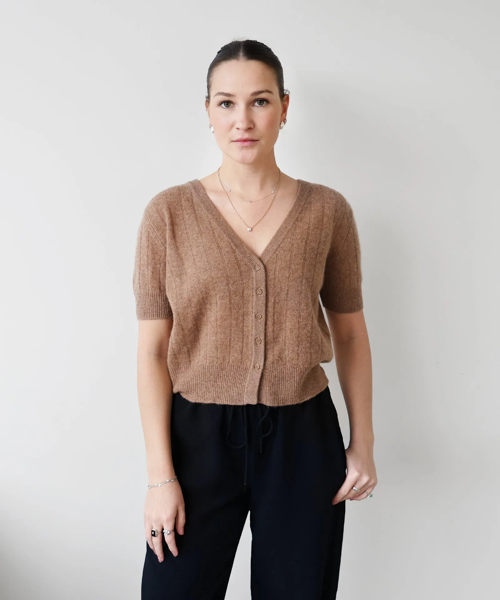 Lightweight Cashmere Short Sleeve Ribbed Cardigan