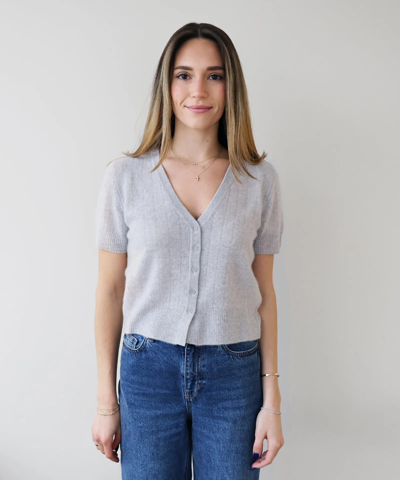 Lightweight Cashmere Short Sleeve Ribbed Cardigan