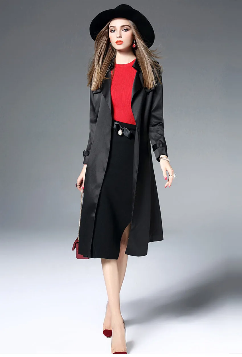 LONG SLEEVE TURN OVER COLLAR TRENCH COAT W/BELT