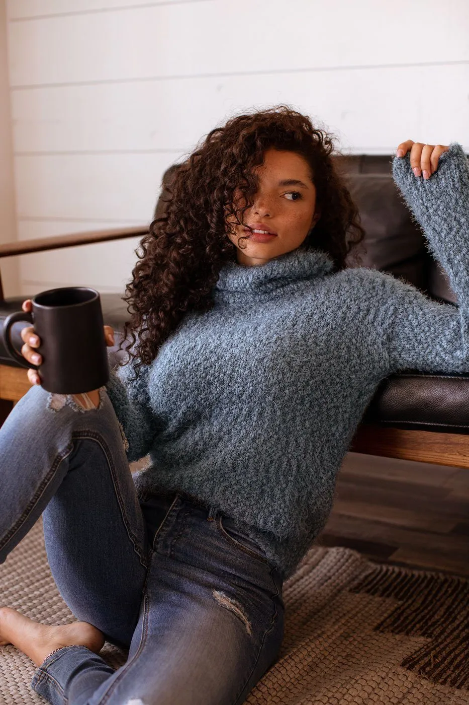 Love Me Madly Teal Fuzzy Knit Turtleneck Sweater