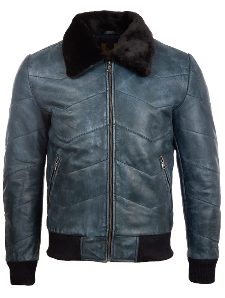 MC9P Men's Quilt Puffer Fur Aviator Bomber Jacket - Frosty Blue