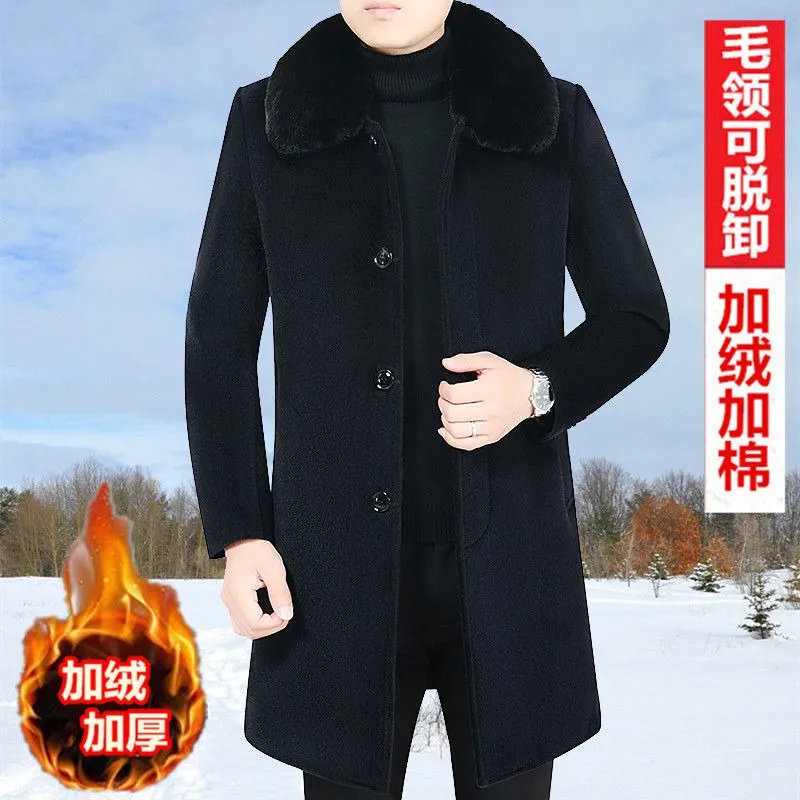 Men British Coat Wool Jacket Winter Heavy Cotton Slim Blend Casual Trench Coat | 805