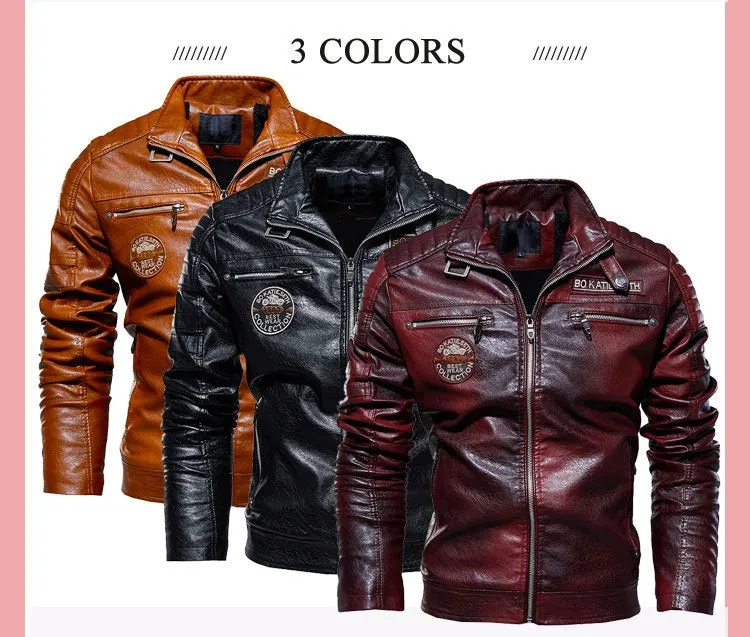 Men Leather Jacket Fleece Lining PU Leather Coat Plus Size Gents Lapel Embroidery Blazer Jacket | 6693