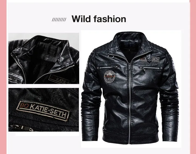 Men Leather Jacket Fleece Lining PU Leather Coat Plus Size Gents Lapel Embroidery Blazer Jacket | 6693