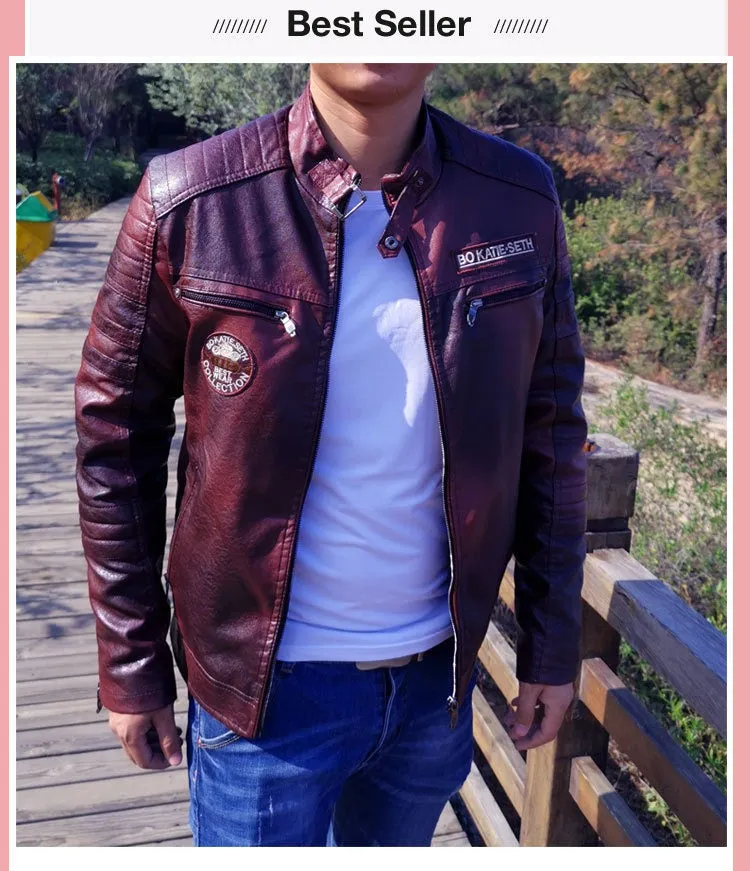 Men Leather Jacket Fleece Lining PU Leather Coat Plus Size Gents Lapel Embroidery Blazer Jacket | 6693